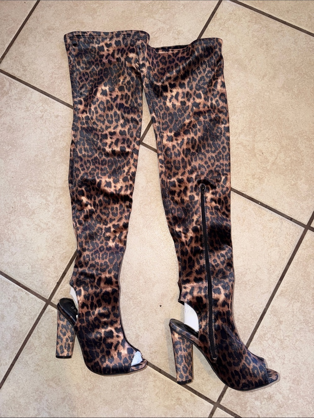 BAMBOO Leopard-Print Over-the-Knee Peep-Toe Boots